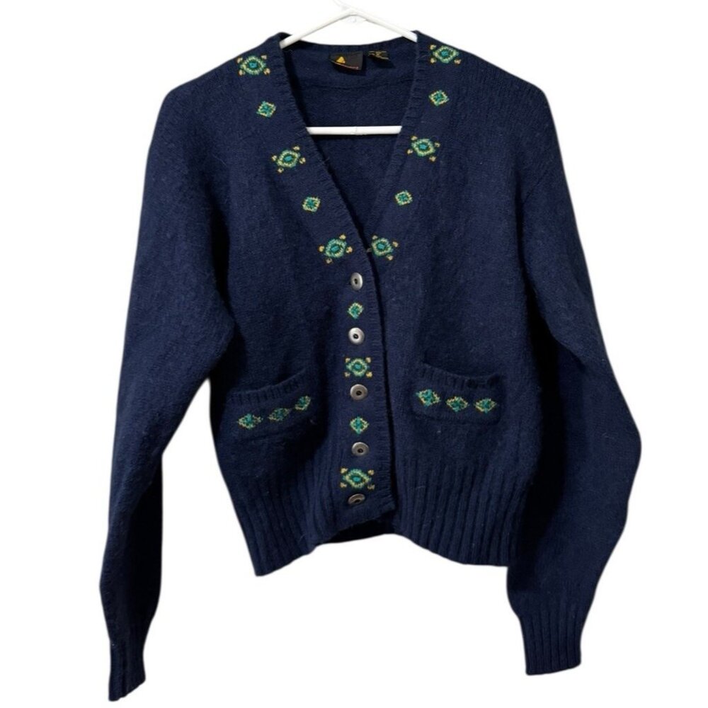 Liz Sport Size‎ Medium Shetland Wool Cardigan Sweater Buttons Pockets Vintage